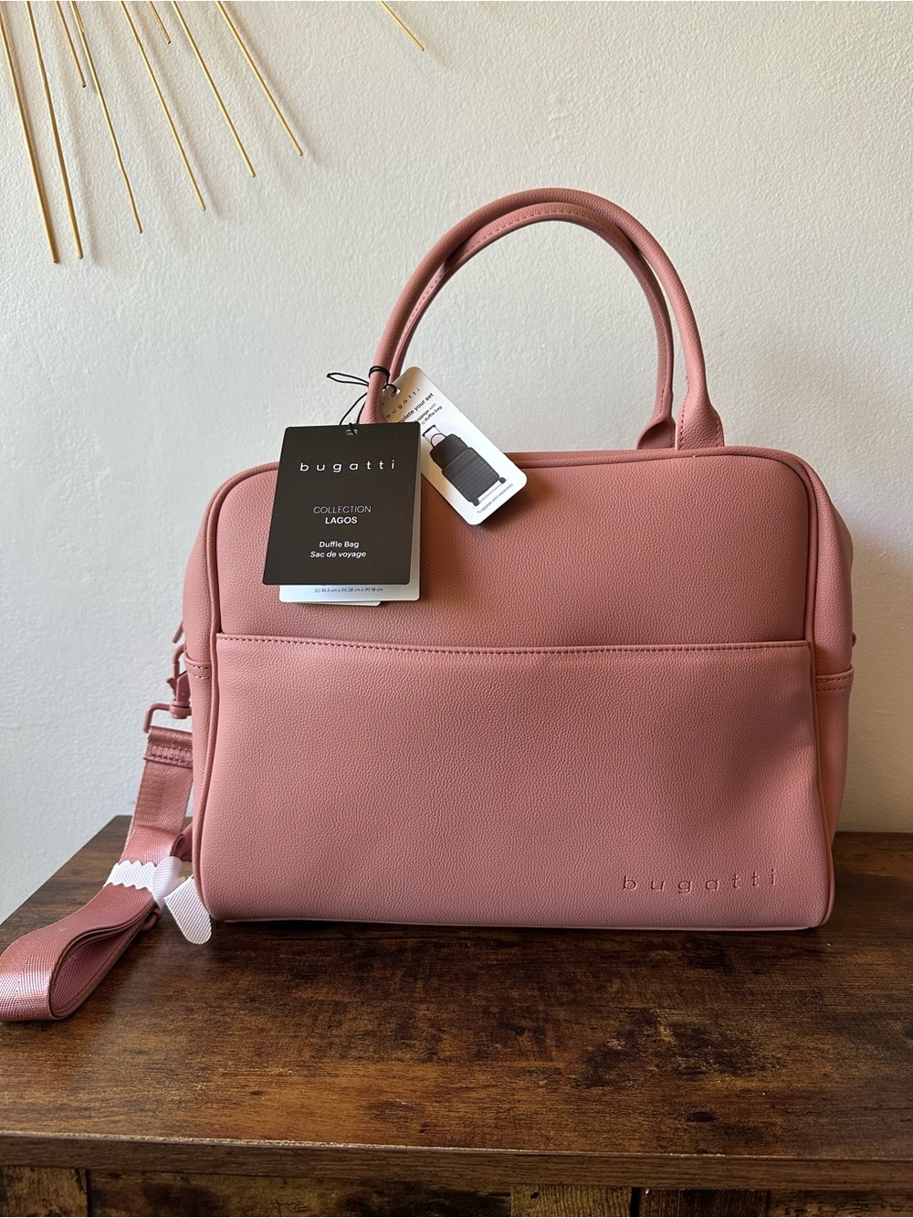 Bugatti Lagos Pink Duffle Bag Weekender with Crossbody Strap Faux Leather NWT - Picture 10 of 10